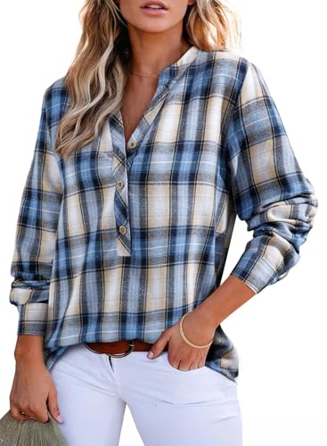 Astylish Women's V Neck Plaid Shirts Dressy Casual Blouses Button-Down Business Work Boho Tops Long Sleeve 2025 Fall Outfits