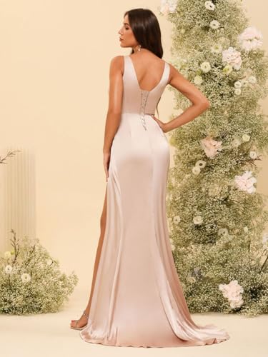 YMSHA Women's V Neck Bridesmaid Dresses with Slit Ruched Waist Satin Pleated Formal Party Dress YMS2773