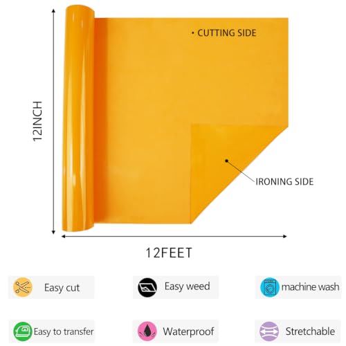 Image of HTV Iron on Vinyl 12Inch by 12ft Roll HTV Heat Transfer Vinyl for T-Shirt HTV Vinyl Rolls for All Cutter Machine - Easy to Cut & Weed for Heat Vinyl Design (Light Orange, 12ft)