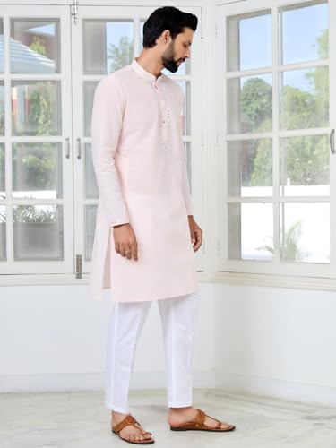 Image of See Designs Men's Full Sleeve Mandarin Collar Ethnic Motifs Embroidered Sequinned Mandarin Collar Straight Long Kurta with Pyjama - Festive Collection