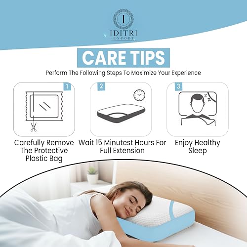 Image of Cervical Neck Support Pillow, High Density Memory Foam Contour for Sleeping, 50x30x6 cm, White and Sky Jacquard Shell, Orthopedic Bedding Cushion for Snoring Relief, Aligned Spine