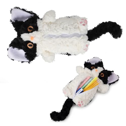 Gueevin Black Cat Pencil Case Organizer 15 Inch Zippered Plush Pencil Pouch Storage Stationery Makeup Bag for Office Cosmetics and Accessories