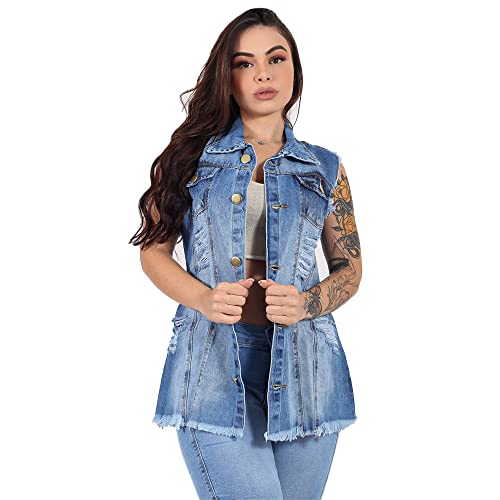 Max Colete Jeans Feminino Longo Com 2 Bolso Super Lindo Azul 1 (G4, Azul Claro)