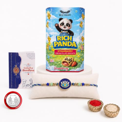 DeoDap Rakhi with Chocolate for Brother – Evil Eye Design Rakhi with Rich Strawberry Cream Filled Chocolate Biscuit, Tilak Set, Silver Color Pooja Coin, Greeting Card & Tilak Set – Traditional Raksha Bandhan Combo