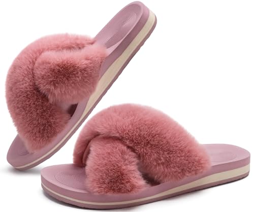 Image of COFACE Womens Fuzzy Slides Fluff Faux Fur Cross Slippers Open Toe Yoga Mat House Slipper Sandals With Arch Support For Indoor /Outdoor