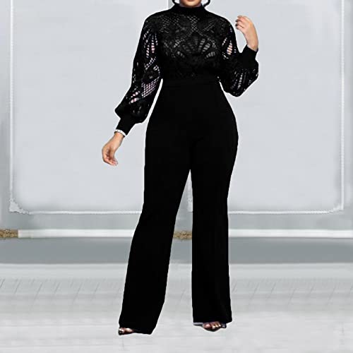 Dasmzper Women's Long Sleeve Lace Jumpsuit Patchwork Outfits Wide Leg Pants One Piece Rompers High Waist Jumpsuits Black #TOP3