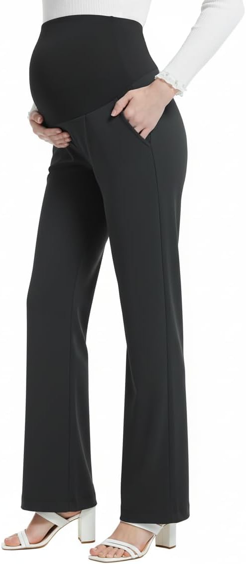 Maternity Pants for Work Wide Leg Over Belly Pregnancy Casual Stretchy Trousers Dress Business Pants with Pockets - Image 4