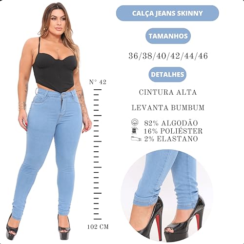 Calça Jeans Feminina Skinny Cintura Alta Com Lycra Premium Levanta Bumbum Premium (44, Azul Claro)