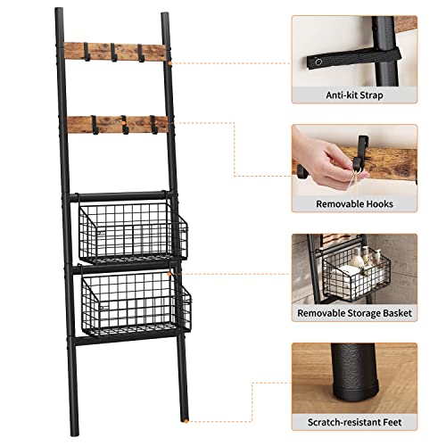 Homeiju Blanket Ladder Rack Shelf, Blanket Holder With Removable Basket And Hooks, Decorative Ladder Shelf For Bathroom,Living Room,Kitchen Or Balcony #TOP6