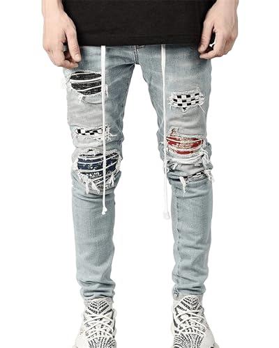 Men's Jeans Slim Fit Mid Waist Straight Leg Ripped Distressed Holes Classic Denim Patches Jean
