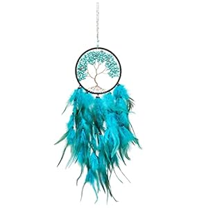 Pretty Jolly Aqua Blue Tree of Life Dream Catcher Wall Decor with Healing Crystal Stone Handmade Blue Green Feather Dream Catchers Decoration Wall Hanging Bedroom Room Wedding Party Wish Gift-25.6″