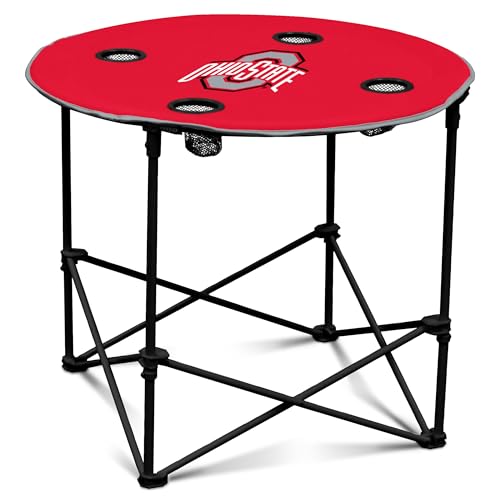 Logo Brands NCAA Ohio State Buckeyes Round Tailgating Table – Portable with Foldable Legs, 4 Cup Holders, Powder-Coated Steel, and 27.6