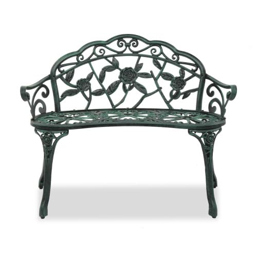 Bonnlo Banc Exterieur Jardin en Aluminium Moulé|Style Vintage avec Motif de Roses|Banquette,Bancs de Jardin Robuste pour Terrasse, Balcon et Patio|Vert Antique