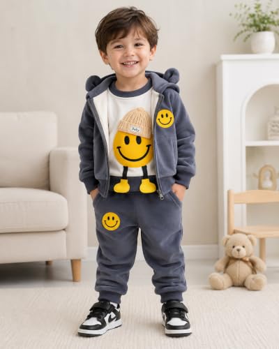 Image of Bold N Elegant Kids Polyester Printed 3d Happy Smile Face Cartoon Winter Warm Hoodied Jacket Sweatshirt and Pajamas 3 Pc Layering Party Clothing Set