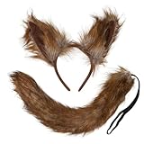 PURFUN Fuzzy Werewolf Costume Headband Tail Set 2 Pcs Faux Fur Long Tail Furry Wolf Cat Ear Hairband Halloween Cosplay Party Animal Werewolf Costume Accessory Dress Up Headwear Props Brown
