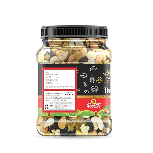 Image of Pavitransh 100% Natural Premium Mix Dry Fruits 500Gm with Almonds | Cashew | Kishmish | Apricot | Black Raisins | Dried Kiwi | Nuts and Dry Fruits 500Gm (Jar pack)