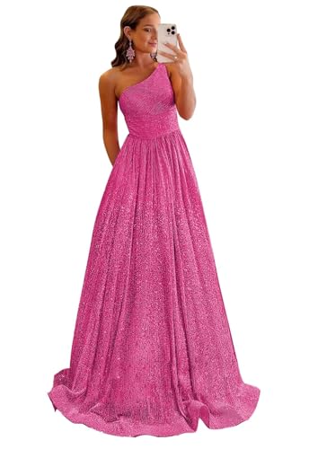 Mollyevers Hot Pink Prom Dresses for Women One Shoulder Long Sparkly Sequin Homecoming Dress with...