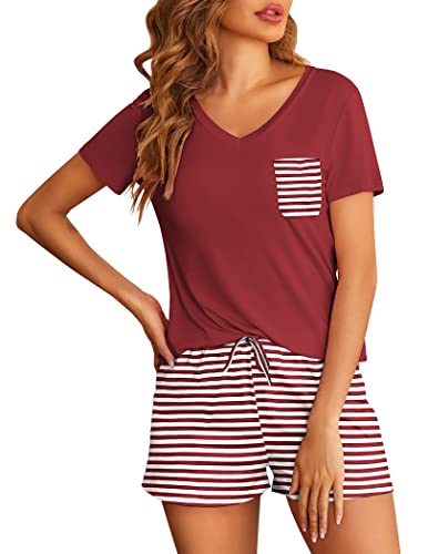 Hotouch Womens Pajama Set Soft Comfy 2 Piece Short Sleepwear Loungewear Dark Red S #TOP20