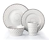 Stylish and Elegant 16 Piece Stoneware Dinnerware Service Set for 4 People - Distressed Weave, White