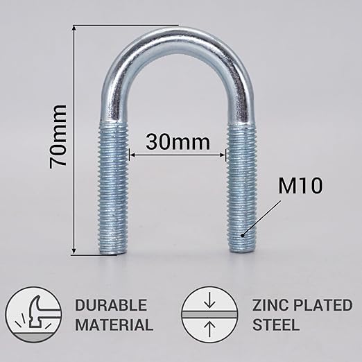 (Pack of 2) Zinc Plated Round U Bolt 0.39" x 1.18" (M10 x 30mm) Pipe Fixing U-Bolt 0.39" (M10) Thread for Pipe