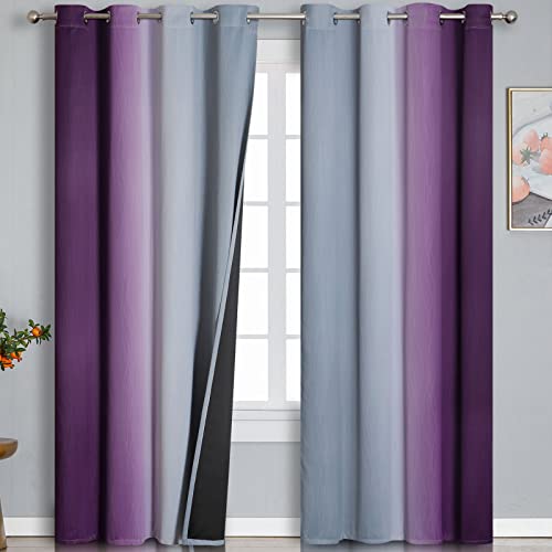 Ombre Purple and Gray Curtains 96 Inches Long, Total Blackout Curtains for Bedroom, Grommet Thermal Insulated Gradient Blackout Drapes, Full Light Blocking Curtains for Kids Room, 52x96 Inch, 2 Panels