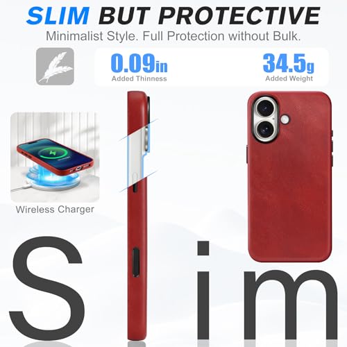 Image of SHIELDON Genuine Leather Case for iPhone 17 6.3 inch 2025, Retro Red | Compatible with MagSafe, Magnetic Wireless Charging, Camera Button, Metal Buttons, Camera Bezel, Slim, Shockproof, Women Men
