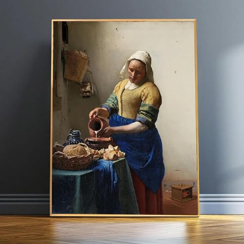 La lechera de Johannes Vermeer Mujer famosa pintura al óleo en lienzo, carteles e impresiones, cuadro artístico de pared, decoración de la habitación, 19,6 'x 29,5' (50x75 cm) sin marco