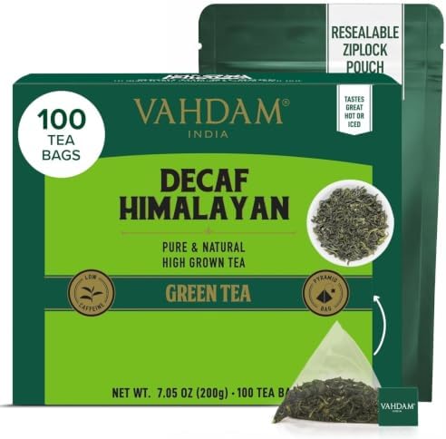 VAHDAM Grüner Tee Entkoffeiniert | 100 Teebeutel Pyramide | Entkoffeinierter grüner Tee aus Indien in Pyramiden-Teebeuteln, für jede Tageszeit