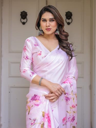 Image of ALMAARI FASHION Women's Floral Printed Georgette Satin Saree with Unstitched Blouse Piece | Traditional Ethnic Wear Sarees | Soft Lightweight Ethnic Office Wear Daily Wear Indian Sari (SG 181-190 SH)