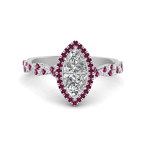Image of Choose Your Gemstone Twisted Marquise Diamond CZ Halo Ring 925 Sterling Silver Marquise Shape Halo Engagement Rings Minimal Modern Design Birthday Gift Wedding Gift US Size 4 to 12