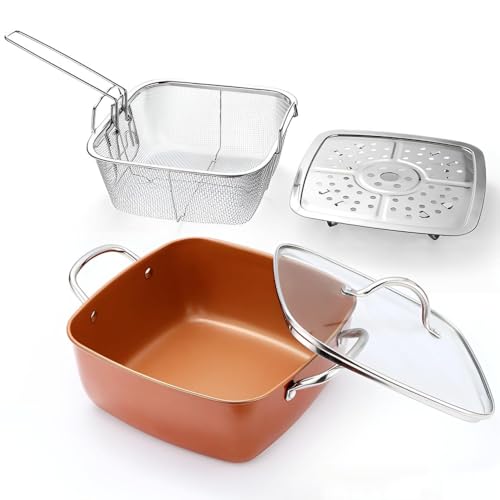 AOUTN ポータブル 家庭用 業務用 直火対応 油切りラック 焦げ付き防止 お手入れ簡単 天ぷら鍋 ディープフライヤー 角型鍋 4 点セット 大容量 深型 両手鍋 蓋付き IH 対応 揚げ物鍋 フライ鍋 (4点セット)