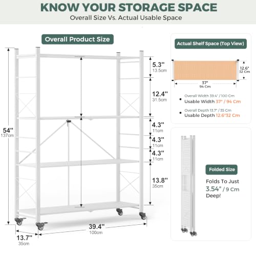 Image of DEANIC 4 Tier Foldable Storage Shelves with Wheels, Large Capacity Shelving Unit, Freestanding Metal Wire Shelf Rack, No Assembly Organizer Rack for Garage Kitchen, Basement, Pantry (1, White-Plus)