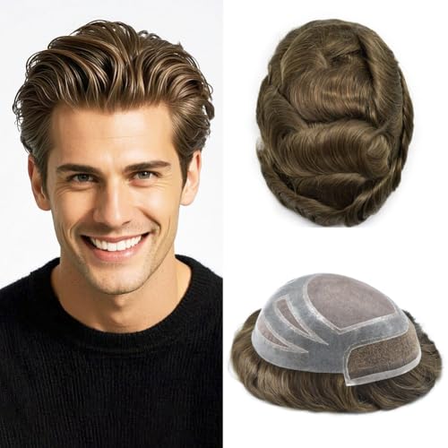 Durable Hair System for Men French Lace Front Mens Toupee Hairpieces Natural Hairline Fine Mono Hair