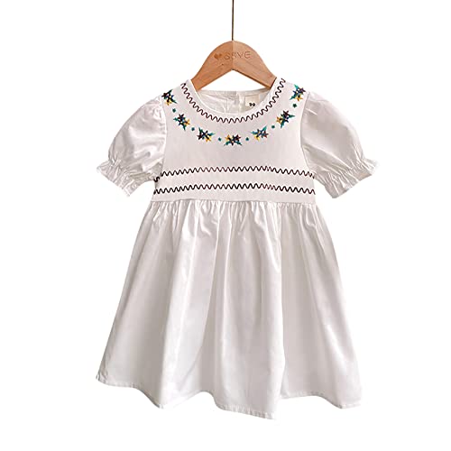 CALLA DREAM Mädchen [18 Monate - 7 Jahre] Sommer Prinzessin Freizeitkleid Rundhalsausschnitt Kurze Puffärmel Gestickter Blumendruck - Weiß/Grün, 140 Cover