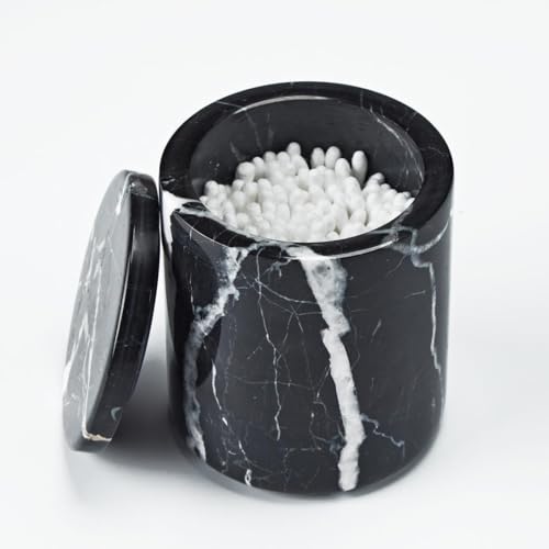 Natural Marble Canister with Lid, Black Round Qtip Container, 3.75 diam x 4.5 ht Inch Sturdy Storage Jar, Bathroom Essentials Marble Canister for Cotton Balls, Jewelry, Bath Salt