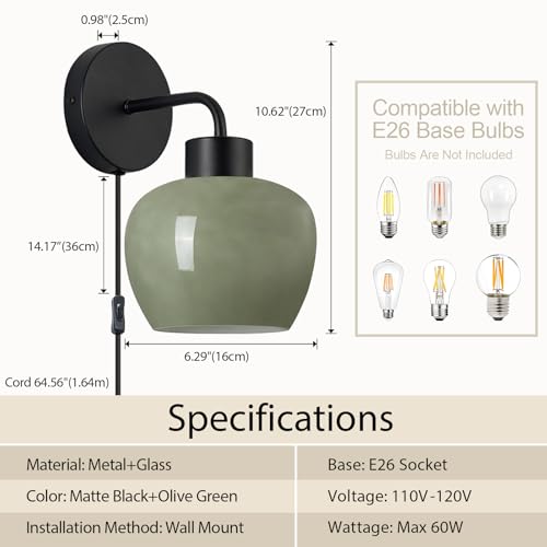 Image of Modern Wall Sconces, Olive Green Milk Glass, Matte Black Finish | Plug-in Wall Lamp, Industrial Boho Lighting, For Bedroom, For Living Room