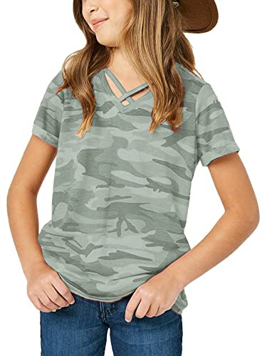 Image of Girls Camouflage Stripe Short Sleeve Shirts V Neck Criss Cross Tees Sweat Kids Casual Sport Tops Blouse（4-15T）