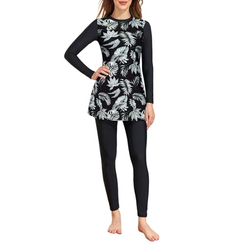 Generisch Tankini - Traje de baño musulmán para mujer, tallas grandes, estilo burkini, manga larga, brasier integrado, traje de baño para playa, Negro, L