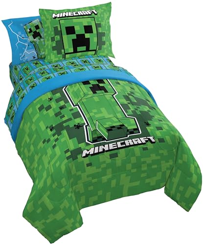 Jay Franco Kids Comforter Set Includes Sheets and Pillow Covers - Soft and Cozy Bed Set for Stylish Room Decor, Green - Minecraft Creeper, 7 Piece Full Size Bedding