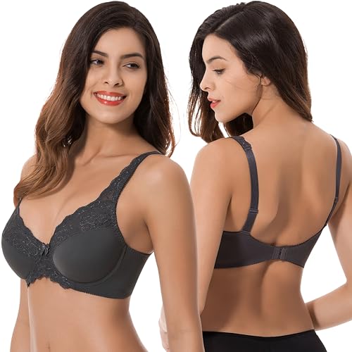Image of Curve Muse Plus Size Minimizer Underwire Unlined Bra with Embroidery Lace-3Pack-Navy,White,Slate-40D