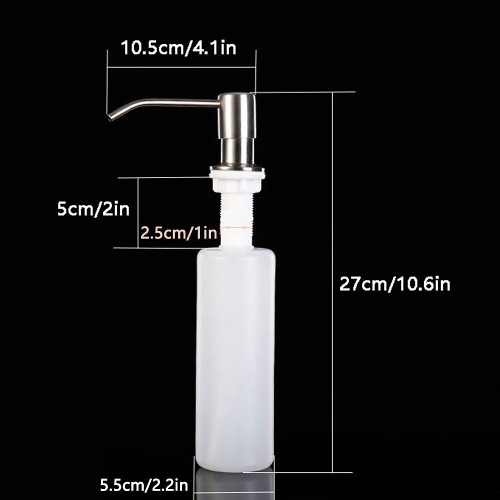 Dispensador de jabón integrado para fregadero, dispensador de cabezal de bomba de acero inoxidable de 300 cc, dispensador de detergente líquido para cocina, baño, lavavajillas, plateado