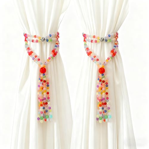 Magnetic Curtain Tiebacks, 2 Pack Colorful Tassel Curtain Drapery Holdbacks, Boho Curtain Ties for Home Office Decorative. (Colourful)