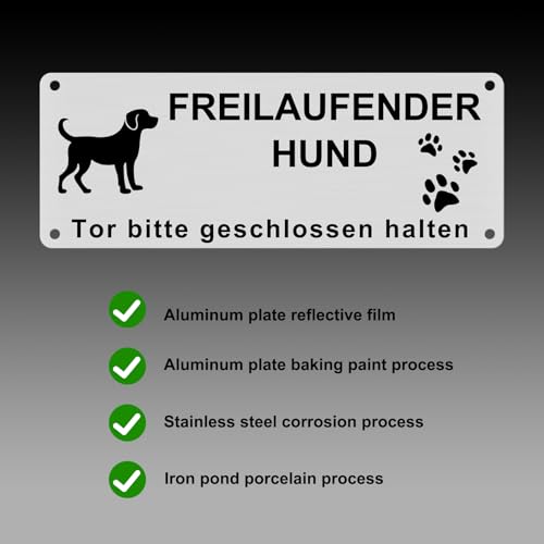 Vorsicht Freilaufender Hund Schild, Achtung Hund Schild, Reflektierendes Aluminium, Warnschild Hunds Aluminium mit 4 Vorgebohrten Löchern, Schilds Warnung vor Dem Hunds für den Innen/Außen, 25x9cm