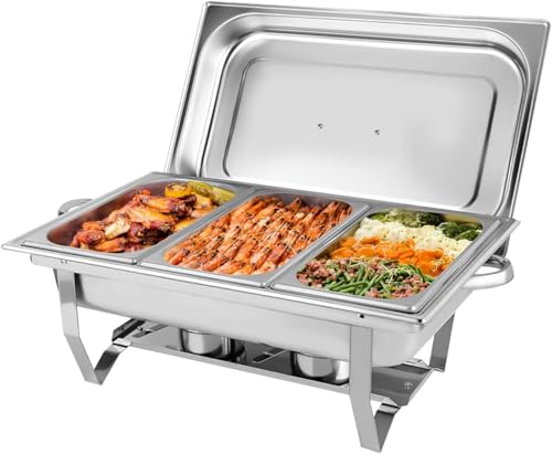 مجموعة اطباق بوفيه تسخين الطعام سعة 11 لتر، موقد من الستانلس ستيل مع 3 قطع مقاس 1/3 اغطية للمطاعم وحفلات الزفاف والفندق والشيف