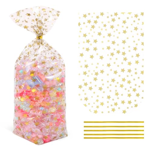 SOMIOCO Gold Star Flat Bottom Gusset Cellophane Bags 6X 10 IN 100 PCS Clear Gift Party Favor Cello Treat Goodie Bags for Packaging Candy Cookies Popcorn