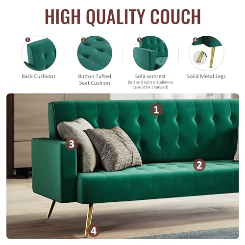 ZANOFIRA 3 Seater Click Clack Sofa, Green Luxury Velvet Mid Century Modern Couches w/Square Armrest Comfy Small Sofas for Living Room, Bedroom, Apartment, Home Office - Image 4