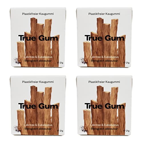 True Gum 4er SET: Lakritze & Eukalyptus | Plastikfreier Kaugummi | Biologisch Abbaubar | Vegan | 4 x 21g, 84g Cover