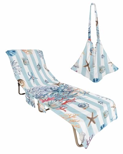 Coastal Octopus Beach Chair Cover with Side Pockets, Microfiber & Quick Dry Pool Chaise Lounge Chair Towels Covers for Sun Sunbathing Patio Garden Hotel, Ocean Blue Stripes Starfish Coral Shell Conch