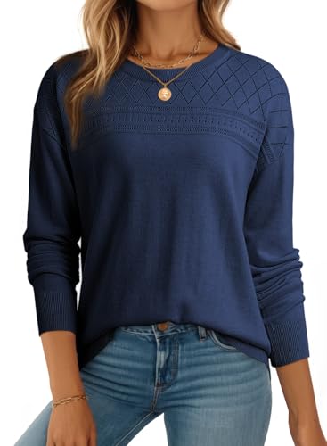 Dokotoo Pull Femme Chic et Elegant Pulls en Mélange de Cachemire Tricoté Chaud Sweat à Col Rond et Manches Longues Pullover Léger Automne Hiver Mode Haut, Bleu, XL