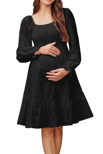 OUGES Women's Fall Cotton Square Neck Maternity Dress for Photoshoot